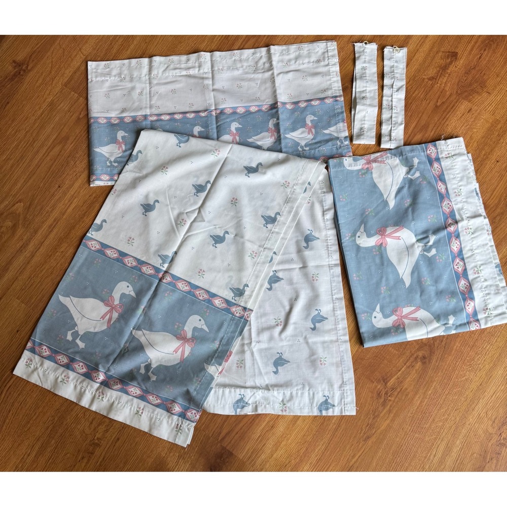 Vintage Sears Country Goose Curtains Blue White Pink Bows Farmhouse - READ DESC.